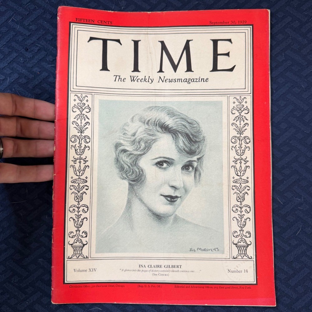 Vintage Time Magazine September 30 1929 Ina Claire Gilbert Texaco Gas Ad Vol XIV